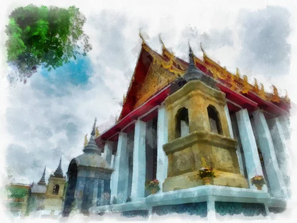 Landskap Antik Arkitektur Och Antik Konst Bangkok Thailand Akvarell Stil — Stockfoto