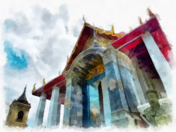 Tayland 'ın Bangkok kentindeki antik mimari ve antik sanat manzarası suluboya resim çizimi izlenimcisi.