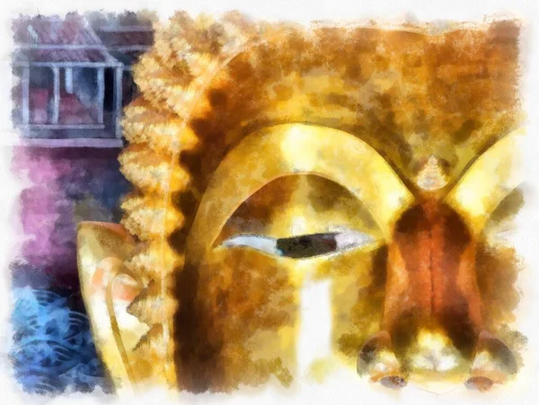 Tayland 'ın Bangkok kentindeki antik mimari ve antik sanat manzarası suluboya resim çizimi izlenimcisi.