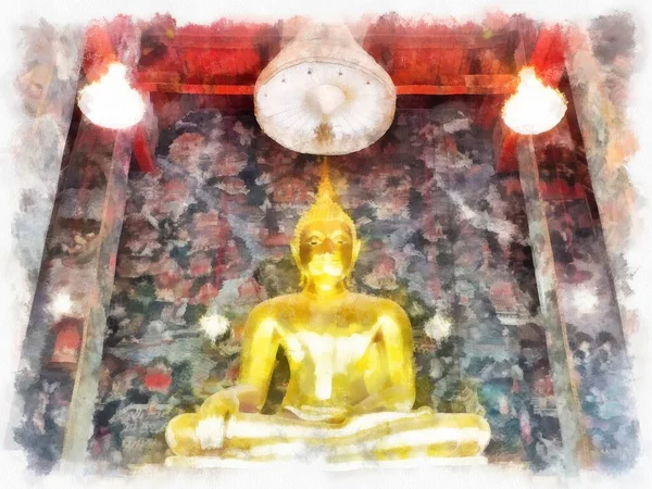 Tayland 'ın Bangkok kentindeki antik mimari ve antik sanat manzarası suluboya resim çizimi izlenimcisi.