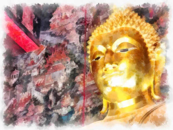 Tayland 'ın Bangkok kentindeki antik mimari ve antik sanat manzarası suluboya resim çizimi izlenimcisi.