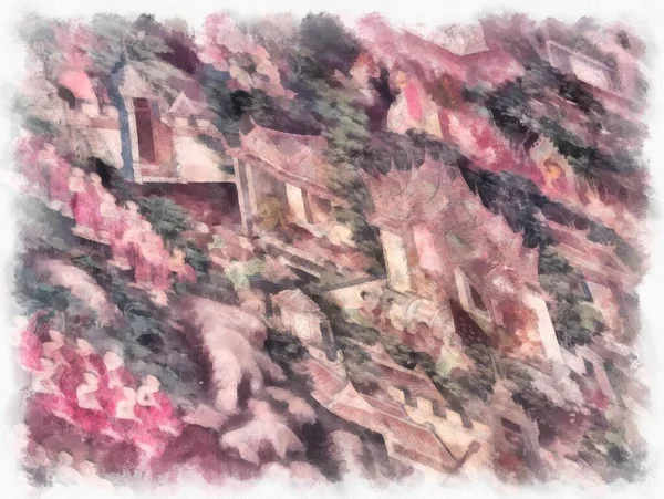 Tayland 'ın Bangkok kentindeki antik mimari ve antik sanat manzarası suluboya resim çizimi izlenimcisi.