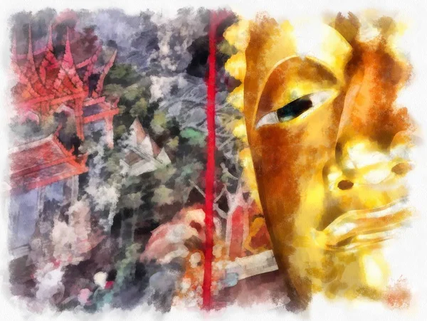 Tayland 'ın Bangkok kentindeki antik mimari ve antik sanat manzarası suluboya resim çizimi izlenimcisi.