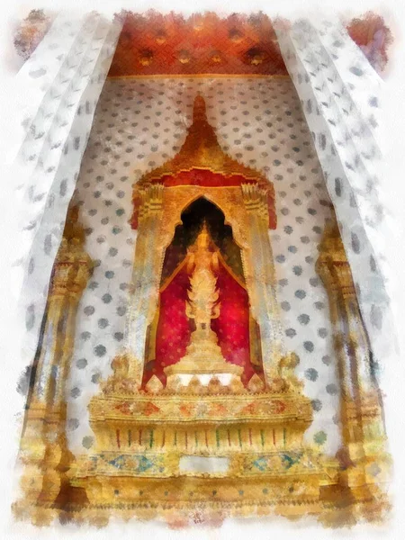 Tayland 'ın Bangkok kentindeki antik mimari ve antik sanat manzarası suluboya resim çizimi izlenimcisi.