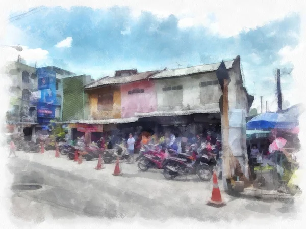 Het Landschap Van Oeroude Winkelhuizen Bangkok Aquarel Trant Illustratie Impressionist — Stockfoto