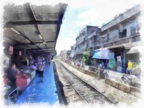 Bangkok 'taki antik dükkanların manzarası suluboya resim çizimi izlenimcisi.