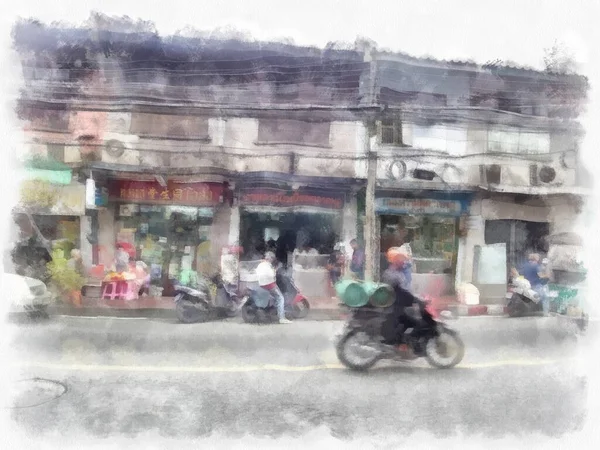 Τοπίο Των Αρχαίων Shophouses Στην Μπανγκόκ Ακουαρέλα Στυλ Εικονογράφηση Ιμπρεσιονιστική — Φωτογραφία Αρχείου