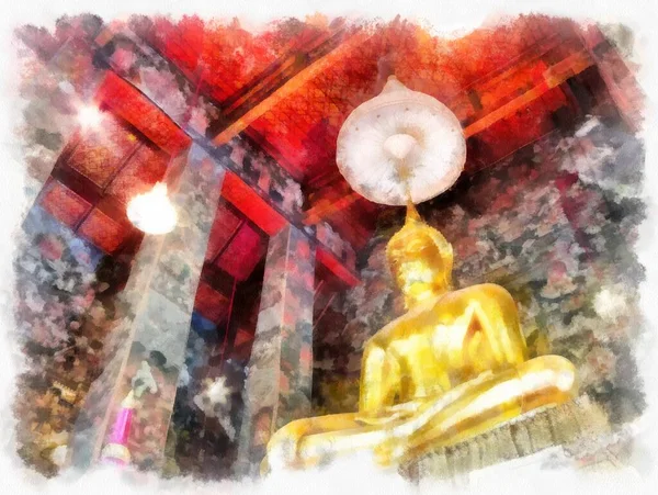 Tayland 'ın Bangkok kentindeki antik mimari ve antik sanat manzarası suluboya resim çizimi izlenimcisi.