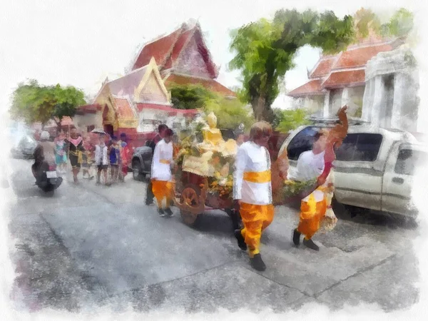 Tayland 'ın Bangkok kentindeki antik mimari ve antik sanat manzarası suluboya resim çizimi izlenimcisi.