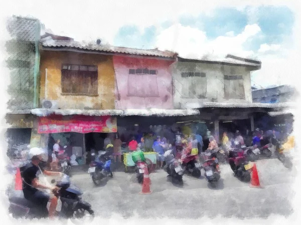 Landscape Ancient Shophouses Bangkok Watercolor Style Illustration Impressionist Painting — Fotografia de Stock