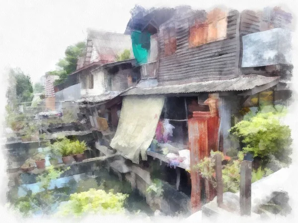 Landscape Ancient Shophouses Bangkok Watercolor Style Illustration Impressionist Painting —  Fotos de Stock