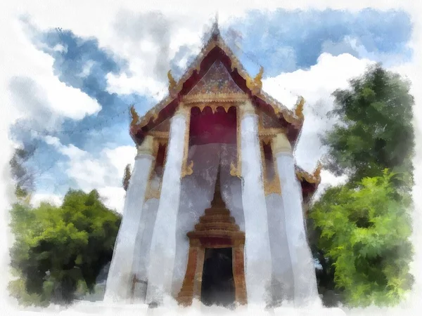 Tayland 'ın Bangkok kentindeki antik mimari ve antik sanat manzarası suluboya resim çizimi izlenimcisi.