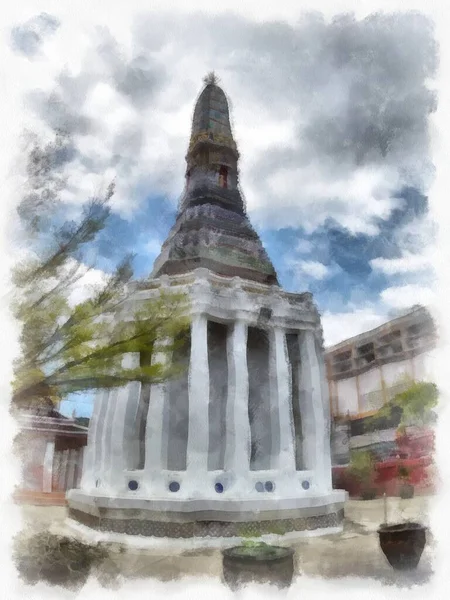 Tayland 'ın Bangkok kentindeki antik mimari ve antik sanat manzarası suluboya resim çizimi izlenimcisi.