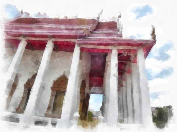 Tayland 'ın Bangkok kentindeki antik mimari ve antik sanat manzarası suluboya resim çizimi izlenimcisi.