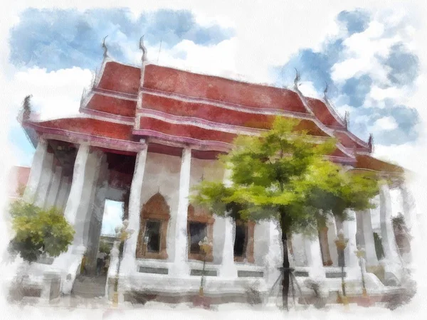 Tayland Bangkok Kentindeki Antik Mimari Antik Sanat Manzarası Suluboya Resim — Stok fotoğraf