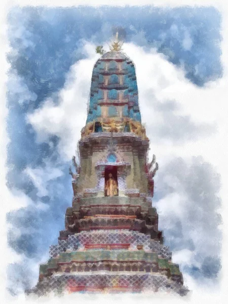 Tayland 'ın Bangkok kentindeki antik mimari ve antik sanat manzarası suluboya resim çizimi izlenimcisi.