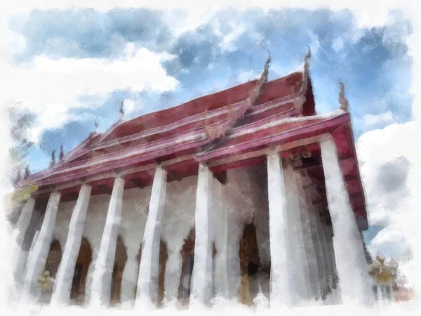 Tayland 'ın Bangkok kentindeki antik mimari ve antik sanat manzarası suluboya resim çizimi izlenimcisi.