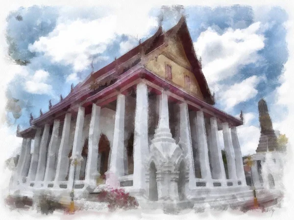 Tayland 'ın Bangkok kentindeki antik mimari ve antik sanat manzarası suluboya resim çizimi izlenimcisi.