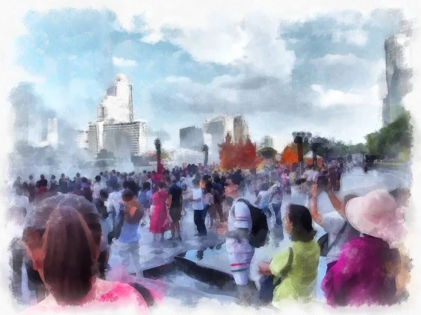 Tayland 'ın Bangkok kentindeki Chao Phraya Nehri' nin manzarası suluboya resim ressamı.