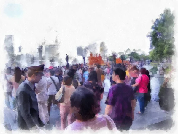 Tayland 'ın Bangkok kentindeki Chao Phraya Nehri' nin manzarası suluboya resim ressamı.