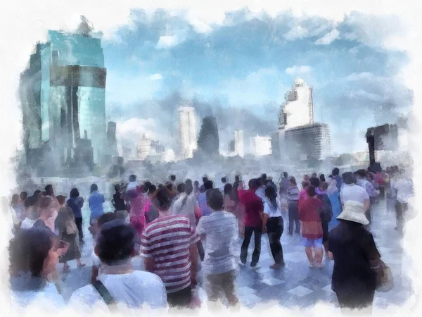 Tayland 'ın Bangkok kentindeki Chao Phraya Nehri' nin manzarası suluboya resim ressamı.