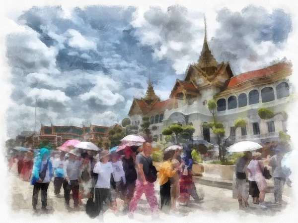 Tájkép Grand Palace Wat Phra Kaew Bangkokban Thaiföld Akvarell Stílus — Stock Fotó