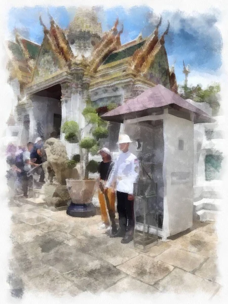 Bangkok Tayland 'daki Büyük Saray Wat Phra Kaew' in manzarası suluboya resim ressamı.