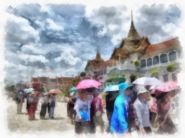 Bangkok Tayland 'daki Büyük Saray Wat Phra Kaew' in manzarası suluboya resim ressamı.