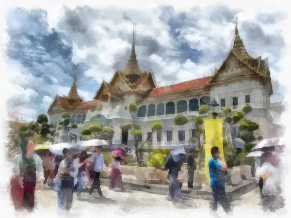 Bangkok Tayland 'daki Büyük Saray Wat Phra Kaew' in manzarası suluboya resim ressamı.