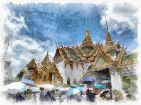 Bangkok Tayland 'daki Büyük Saray Wat Phra Kaew' in manzarası suluboya resim ressamı.