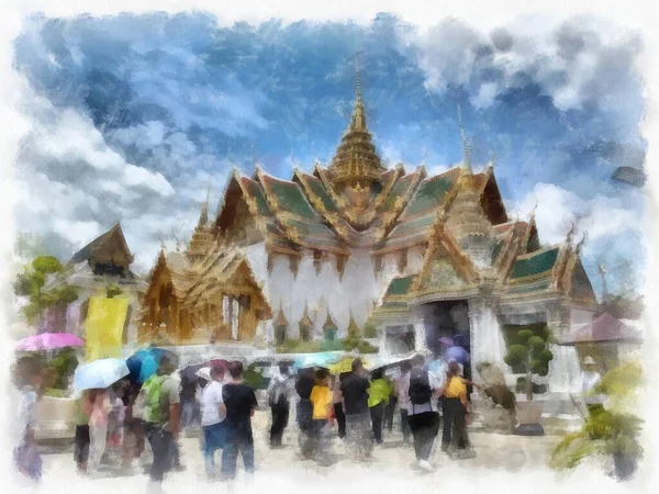 Bangkok Tayland 'daki Büyük Saray Wat Phra Kaew' in manzarası suluboya resim ressamı.