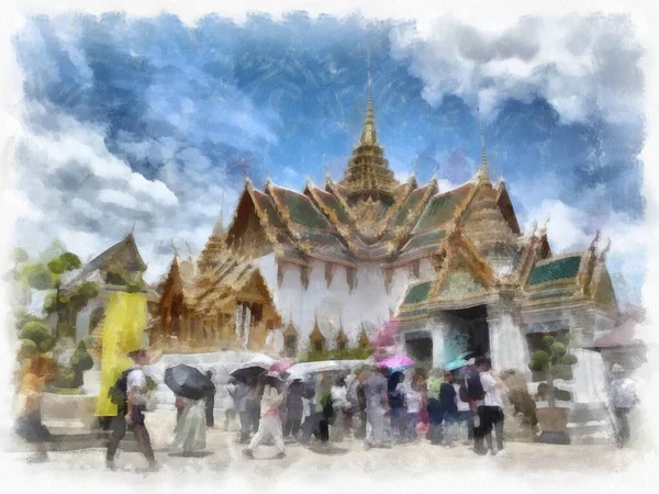 Bangkok Tayland 'daki Büyük Saray Wat Phra Kaew' in manzarası suluboya resim ressamı.