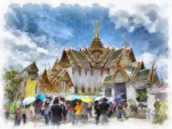 Landscape Grand Palace Wat Phra Kaew Bangkok Thailand Watercolor Style —  Fotos de Stock