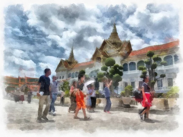 Bangkok Tayland 'daki Büyük Saray Wat Phra Kaew' in manzarası suluboya resim ressamı.