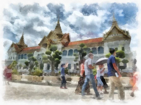Bangkok Tayland 'daki Büyük Saray Wat Phra Kaew' in manzarası suluboya resim ressamı.