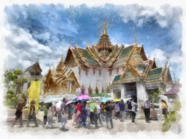 Landscape Grand Palace Wat Phra Kaew Bangkok Thailand Watercolor Style — стоковое фото