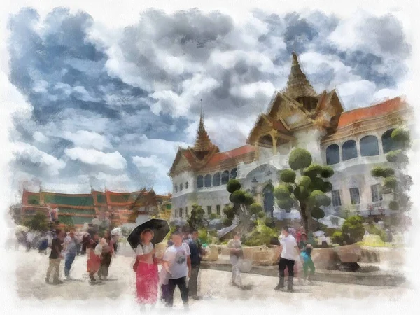 Bangkok Tayland 'daki Büyük Saray Wat Phra Kaew' in manzarası suluboya resim ressamı.