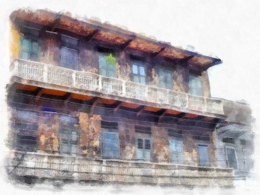 Tayland 'ın Bangkok kentindeki antik mimari ve antik sanat manzarası suluboya resim çizimi izlenimcisi.