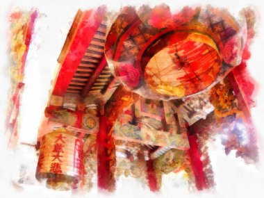 Tayland 'ın Bangkok kentindeki antik mimari ve antik sanat manzarası suluboya resim çizimi izlenimcisi.