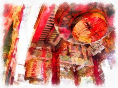 Tayland 'ın Bangkok kentindeki antik mimari ve antik sanat manzarası suluboya resim çizimi izlenimcisi.