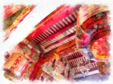 Tayland 'ın Bangkok kentindeki antik mimari ve antik sanat manzarası suluboya resim çizimi izlenimcisi.