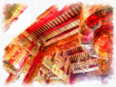 Tayland 'ın Bangkok kentindeki antik mimari ve antik sanat manzarası suluboya resim çizimi izlenimcisi.