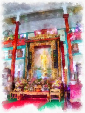 Tayland 'ın Bangkok kentindeki antik mimari ve antik sanat manzarası suluboya resim çizimi izlenimcisi.