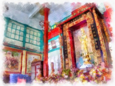 Tayland 'ın Bangkok kentindeki antik mimari ve antik sanat manzarası suluboya resim çizimi izlenimcisi.