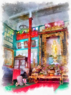 Tayland 'ın Bangkok kentindeki antik mimari ve antik sanat manzarası suluboya resim çizimi izlenimcisi.