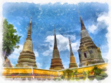 Tayland 'ın Bangkok kentindeki antik mimari ve antik sanat manzarası suluboya resim çizimi izlenimcisi.