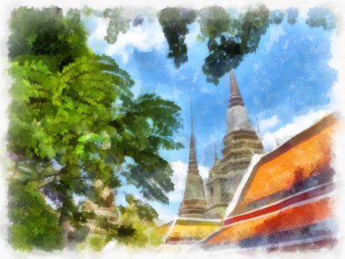 Tayland 'ın Bangkok kentindeki antik mimari ve antik sanat manzarası suluboya resim çizimi izlenimcisi.