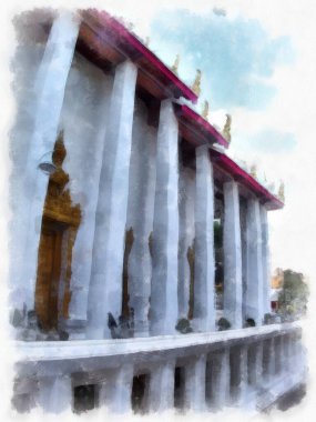 Tayland 'ın Bangkok kentindeki antik mimari ve antik sanat manzarası suluboya resim çizimi izlenimcisi.