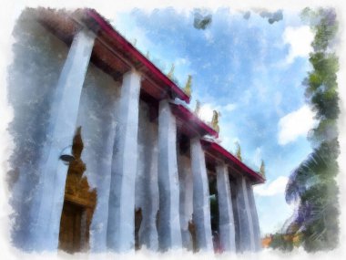 Tayland 'ın Bangkok kentindeki antik mimari ve antik sanat manzarası suluboya resim çizimi izlenimcisi.