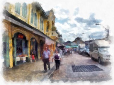 Tayland 'ın Bangkok kentindeki antik mimari ve antik sanat manzarası suluboya resim çizimi izlenimcisi.